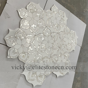 Mosaico <span class=keywords><strong>de</strong></span> mármol Thassos blanco con incrustaciones <span class=keywords><strong>de</strong></span> nácar, diseño personalizado con chorro <span class=keywords><strong>de</strong></span> agua, para pared <span class=keywords><strong>de</strong></span> baño o sala <span class=keywords><strong>de</strong></span> estar - Product Image 5