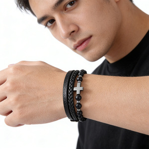 Bracelet en pierre naturelle tressé avec perles, œil de tigre, cuir multicouche, croix, unisexe, cadeau, bijoux, 7,5 8,5 9 pouces - Product Image 2