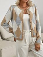 Pull Chic Géométrique Décontracté à Col en V pour Femme, Boutonné sur le Devant, Manches Classiques, Long, Tricoté, Respirant, 100% Polyester