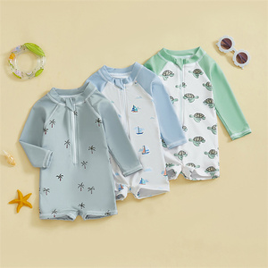 Traje de baño de manga larga con estampado de tortuga, cocotero, velero, cuello simulado, cremallera, para niños pequeños, 1 unidad - Product Image 1
