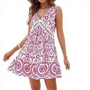 Vestido Midi de Gasa con Estampado Floral Vintage para Mujer, Marca MOJO, Transpirable, Cuello en V, Sin Mangas, Cintura Natural, Logotipo Frontal, Estilo Casual, Corte en A, para Verano - Product Image 3