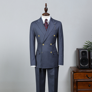 Abito da <span class=keywords><strong>uomo</strong></span> con risvolto a punta in lana classica a righe <span class=keywords><strong>blu</strong></span> <span class=keywords><strong>Navy</strong></span> Casual 2 pezzi doppiopetto - Product Image 1