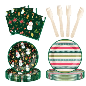 Ensemble de vaisselle de fête personnalisé DAMAI pour Noël, assiettes, gobelets et serviettes en papier à rayures vertes avec impression de bonhomme de neige jetables - Product Image 3