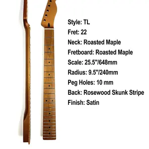 Mástil de Guitarra Estilo Telecaster TL de 22 Trastes, Arce Satinado Tostado con Raya de Palisandro, Repuesto de Acero Inoxidable - Product Image 6