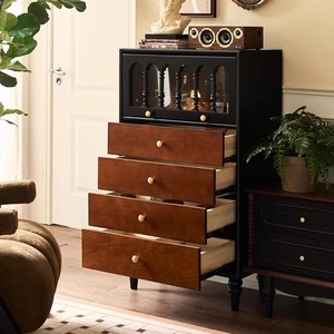 French Retro Solid Wood Chest Of Drawers Vintage <b>Storage</b> Cabinet Bedroom Side Cabinet Color Blocked Bed <b>End</b> <b>Table</b> - Product Image 2