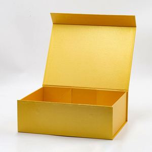 Boîte cadeau pliable rectangulaire de couleur jaune dorée sur mesure pour produits de vente au détail avec ruban - Product Image 4