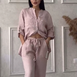 Completo Casual 2025: Camicia in Cotone Tinta Unita con Bottoni + Pantaloni Lunghi <span class=keywords><strong>a</strong></span> <span class=keywords><strong>Gamba</strong></span> <span class=keywords><strong>Larga</strong></span> con Coulisse, Maniche Lunghe, Elegante Completo Primaverile da Donna - Product Image 3