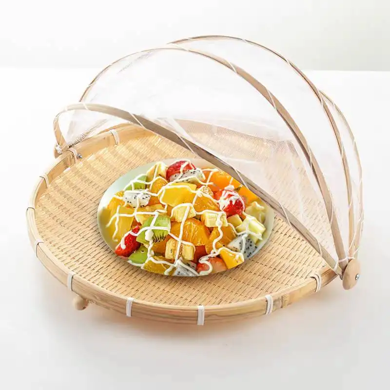 Bamboo Woven Dustpun With Net Mosquito-proof Steamed Bread Basket Fruit Basket