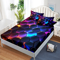 Parure de draps ajustés hexagonaux en nid d'abeille à imprimé numérique néon, motif géométrique lumineux de luxe, technologie de pointe