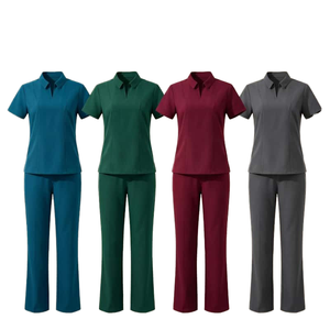 Cross-border Minimalist Breathable Short Dobby Fabric <b>Scrub</b> Sets New Simple Wash Polyester Unisex Lapel <b>Brush</b> Hand Hospital - Product Image 1