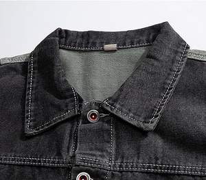 แจ็คเก็ตยีนส์ผู้ชายปะติดปะต่อสไตล์วินเทจทรงหลวมสีสันตัดกัน แจ็คเก็ตยีนส์สตรีทแวร์แนวเรโทร แจ็คเก็ตชุดทำงานสำหรับผู้ชาย พร้อมโลโก้แบบกำหนดเอง - Product Image 2