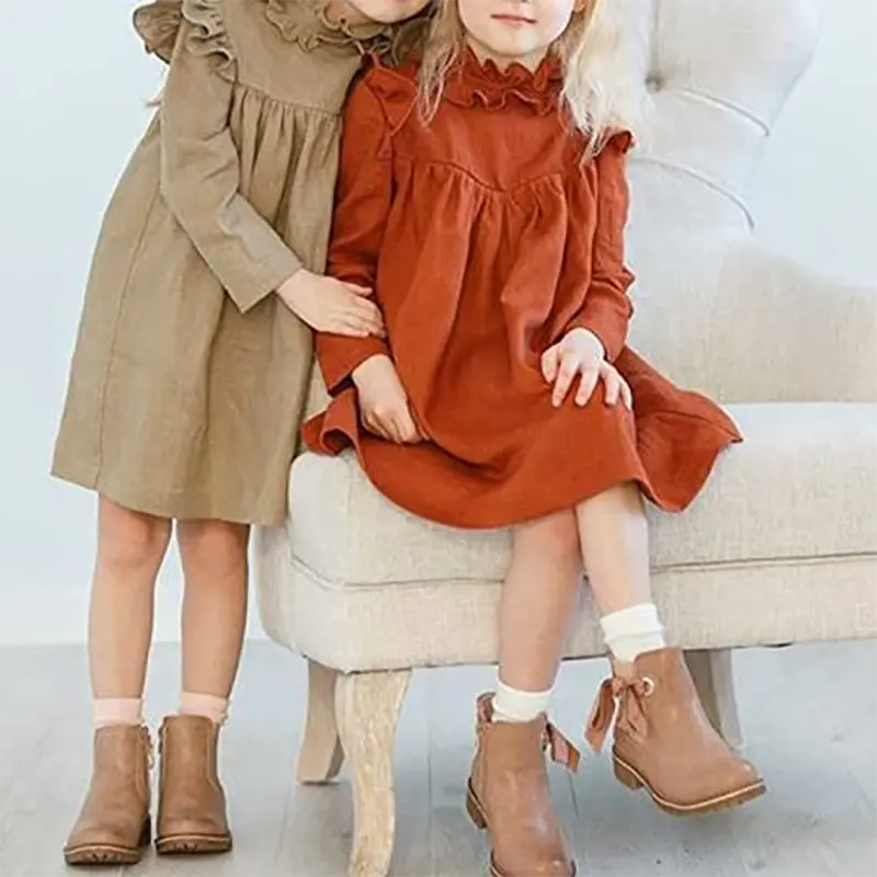 Toddler Infant Baby Girls Dress Fall Winter Outfits Fly Long Sleeve Vintage Loose Fit A-line Casual Ruffle Dresses