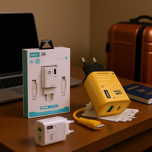 Chargeur rapide double port Ansty Q-034 38W blanc avec câble C-C et adaptateurs de voyage - Product Image 2