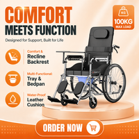 Fauteuil roulant entièrement inclinable en acier carbone avec coussin en cuir imperméable, repose-jambes réglable de 24 pouces, accoudoirs amovibles et frein.
