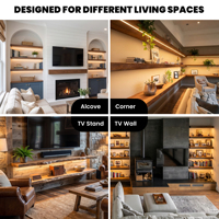 Étagères flottantes en bois de noyer noir avec éclairage d'ambiance indirect pour la décoration murale du salon, la présentation d'objets de collection