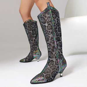 Women Summer Mesh Knee High <b>Boots</b> Dress Leopard Patchwork Shoes Low Spike Heels Side Zipper V-shaped Top Long <b>Boots</b> - Product Image 2