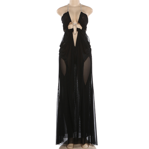 Robe transparente pour femme, dos nu à chaîne, asymétrique, froncée, patchwork, pour vacances et fêtes d'anniversaire - Product Image 4