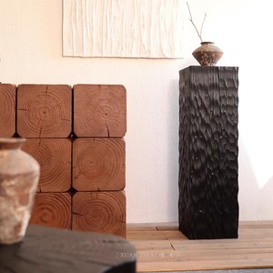 Wabi-Sabi Style Carbonized Square Solid <strong>Wood</strong> Coffee <strong>Table</strong> &amp; Low Stool Multifunctional Living Room Furniture Tree <strong>Stump</strong> Design - Product Image 2