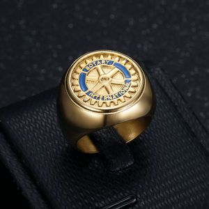 Rotary Club Badge <b>Ring</b> Gold Plated <b>Titanium</b> Steel Men's Jewelry Gift Round Shield Design Geometric Shape JZ104 - Product Image 1