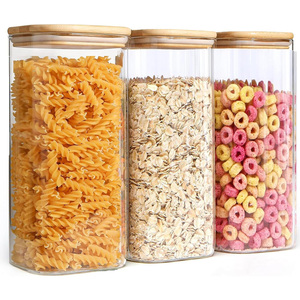 Clear Glass Microwavable Airtight Pressed Food Storage Container Bamboo Lids <b>Canister</b> <b>Set</b> for Kitchen Use Pasta Flour Cereal - Product Image 1