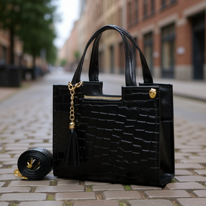 Bolso Bandolera de Cuero Negro para Mujer Edna, Diseño de Cocodrilo, Cierre de Cremallera y Cadena Vintage, para Uso Diario - Product Image 2