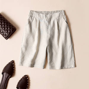 Pantaloncini da ragazza in <span class=keywords><strong>lino</strong></span> di <span class=keywords><strong>lino</strong></span> in cotone traspirante pantaloni per il tempo libero da <span class=keywords><strong>donna</strong></span> con bottone in tinta unita in vita con Logo Hot <span class=keywords><strong>Shorts</strong></span> a tubo dritto - Product Image 2