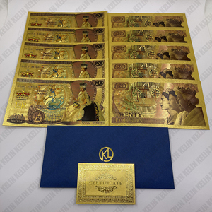 10 Uds. Billete de plástico de lámina de oro personalizado de Elizabeth <span class=keywords><strong>II</strong></span>, dinero de veinte libras para colección y regalos de viaje - Product Image 2