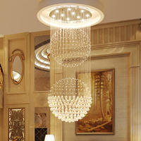 Lustre en cristal à double sphère longue pour escalier, luminaire suspendu LED moderne en cascade de gouttes de pluie de luxe pour plafonds hauts