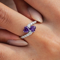 Bague de Fiançailles et de Mariage QX Personnalisée OEM en Argent Sterling 925 avec Double Cœur en Zircon Cubique Violet 8A pour Femme