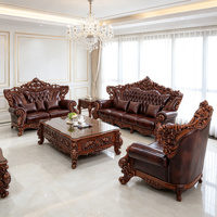 Ensemble de canapés en cuir véritable en bois massif sculpté à la main de style baroque européen de luxe, brun foncé, meubles de salon royaux