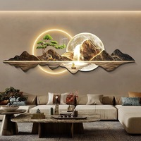 Peinture Paysagère Moderne de Luxe avec Éclairage LED pour Salon, Vues de Montagnes Dorées, Idéale pour les Murals au Dos du Canapé