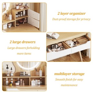Coiffeuse avec miroir éclairé par 3 LED réglables, pieds en bois massif, ensemble de coiffeuse avec 4 tiroirs, 3 étagères ouvertes, petit espace, hôtel - Product Image 5