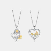 Collier Cœur en Argent 925 Plaqué Or Bicolore avec Pendentif Abeille Tournesol Nid d'Abeille, Bijoux Fins pour Femme, Idéal Cadeau