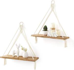 Modern Macrame Hanging <strong>Shelves</strong> Rustic <strong>Wood</strong> Floating Storage Set 2 Bedroom Bathroom Kitchen Wardrobe Living Room Nursery Dorm - Product Image 1