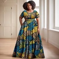 Gaun Wanita Afrika Ankara Batik Lengan Pendek Aksesori Sabuk Bermotif Emas 2425127