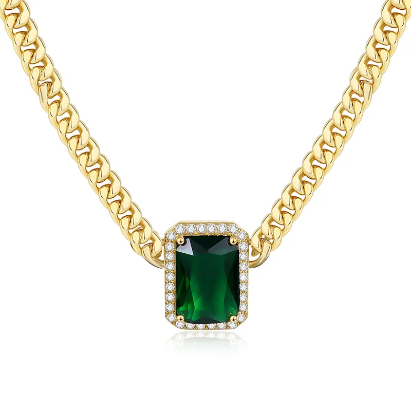 Trendy Jewelry 18K Gold Plated Green Zircon Stone Link Chain Emerald Square Pendant Necklace For Gift