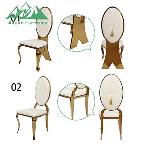 Chaise de mariage Wayon en acier inoxydable doré de luxe, dossier ovale, détail en pompon, surpiqûres en forme de soleil - Product Image 4