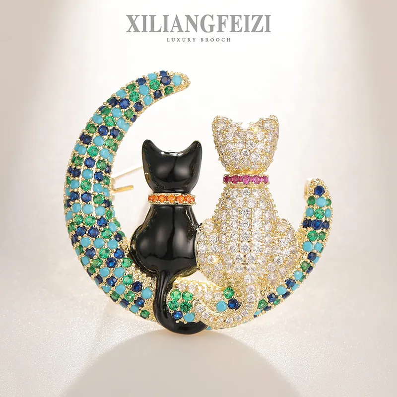 XILIANGFEIZI – broches de luxe en Zircon de lune en or 14K, mignonnes de dessin animé, chat, Animal, Couple