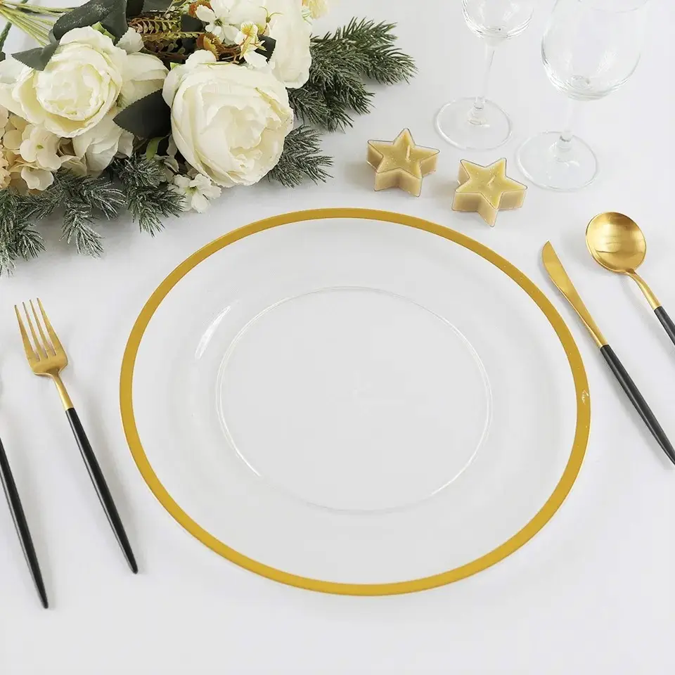 Plástico claro redondo moderno da borda do ouro sob a decoração das placas do partido do carregador para o evento do casamento