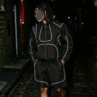 Ensemble de survêtement coupe-vent noir pour homme OUNA, ensemble court à capuche avec bordure réfléchissante en nylon, deux pièces, streetwear, logo personnalisé