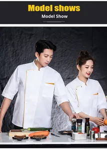 <span class=keywords><strong>Veste</strong></span> de chef BBQ à manches courtes avec bordure dorée tissée |   Unisexe, noir, polyester/coton, pour usage en restaurant |   Logo <span class=keywords><strong>personnalisé</strong></span> résistant à la chaleur - Product Image 3