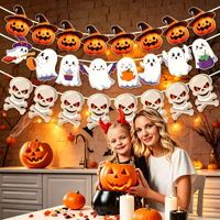 Grenzüberschreitende Party-Feiertagsdekoration: Neu eingetroffene Halloween-Wimpelketten mit Totenkopf-Print und Papierkürbis-Dekorationen – China-Sonderanfertigung