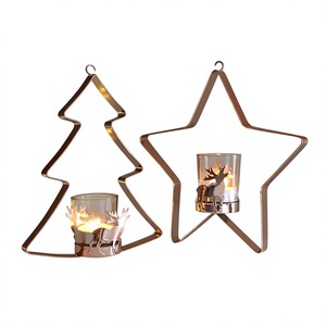 <b>Christmas</b> <b>Tree</b> and Star Shape Copper Hanging Tea Light <b>Candle</b> Holders with Reindeer Design for Home Decoration - Product Image 1