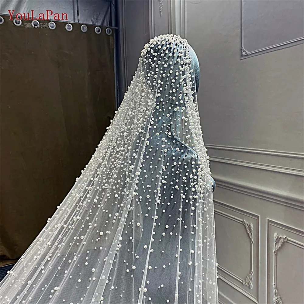 YouLaPan V139 Hand Beaded Luxury Veil 3/4/5 Meters Long Cathedral Veil Covered With Pearls White Ivory Long Wedding Veil