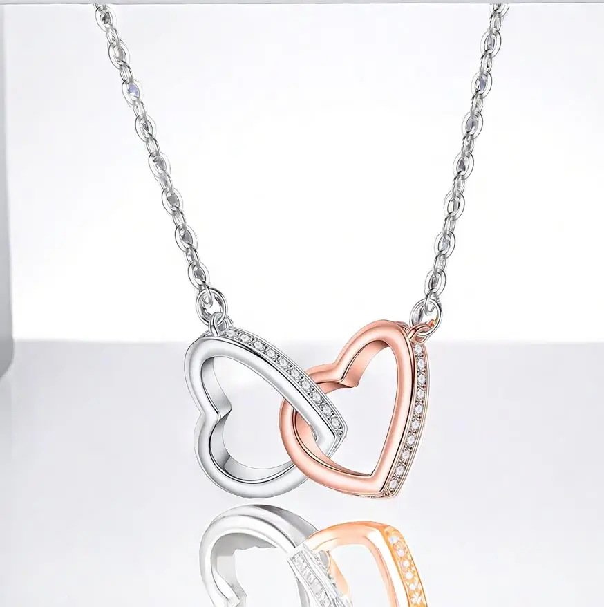 Colgante de corazón doble entrelazado personalizado de Plata de Ley 925 auténtica al por mayor, joyería de alta calidad, collar de San Valentín