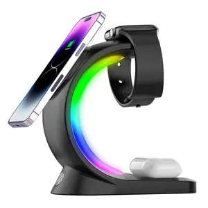 3 in 1 Magnetic Wireless Charging Station for iPhone 15W Fast Wireless Charger Stand With 6 RGB Atmosphere Lamp