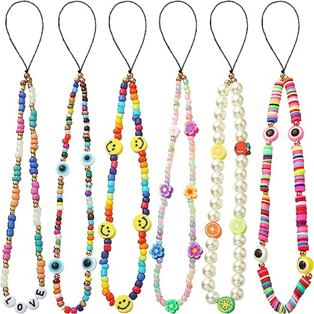Mixed Color Beaded Phone Lanyard Bohemian Wrist Straps Cell Phone Strap Charm Colorful Soft Pottery Chain for Phone