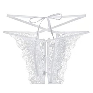 Culotte transparente sexy à entrejambe ouvert, string en dentelle orné de rubans, T-shirt sexy taille basse - Product Image 5