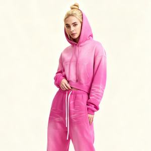 TKAN472D Sweat-shirt à capuche oversize décontracté en coton lourd de haute qualité rose personnalisé pour femmes Streetwear Vintage Lavé Coupe courte Anti-rétrécissement - Product Image 1