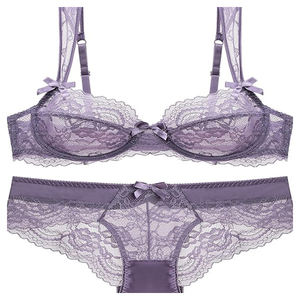 Conjunto de Lencería de Encaje para <span class=keywords><strong>Mujer</strong></span>, Sujetador con Aros y Braguitas, Copa <span class=keywords><strong>sin</strong></span> <span class=keywords><strong>Relleno</strong></span>, Sujetador Transparente con Encaje a Juego - Product Image 1